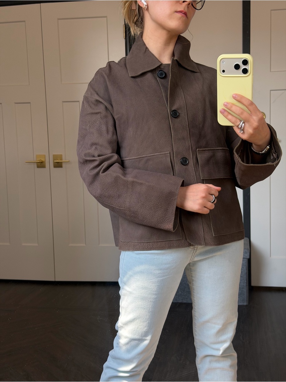 100% Leather Zara Brown Button-Front Jacket